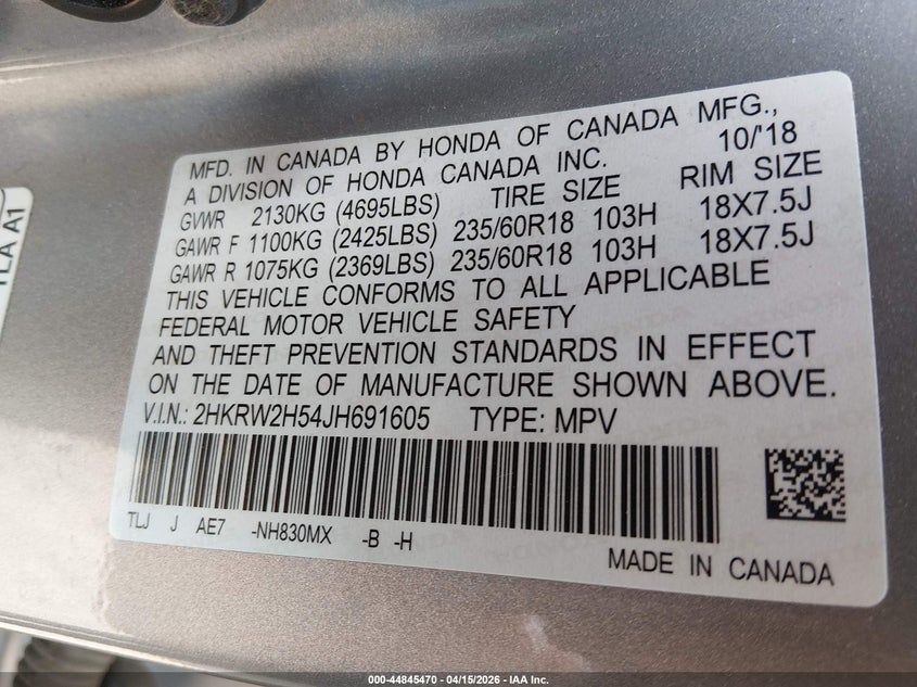 2018 Honda Cr-V Ex VIN: 2HKRW2H54JH691605 Lot: 44845470