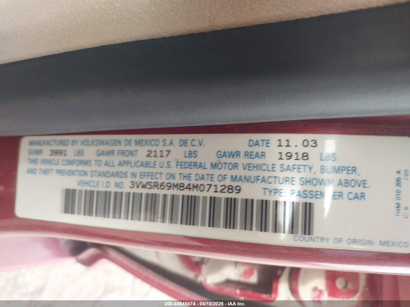 2004 Volkswagen Jetta Gls Tdi VIN: 3VWSR69M84M071289 Lot: 44845474