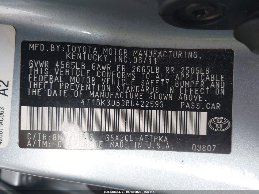 2011 Toyota Avalon Limited VIN: 4T1BK3DB3BU422593 Lot: 44845477