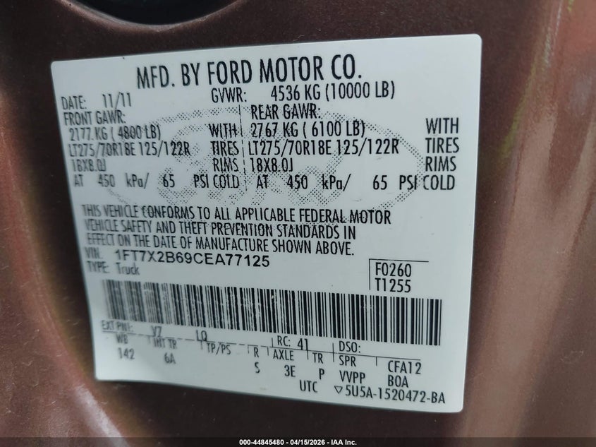 2012 Ford F-250 Lariat VIN: 1FT7X2B69CEA77125 Lot: 44845480