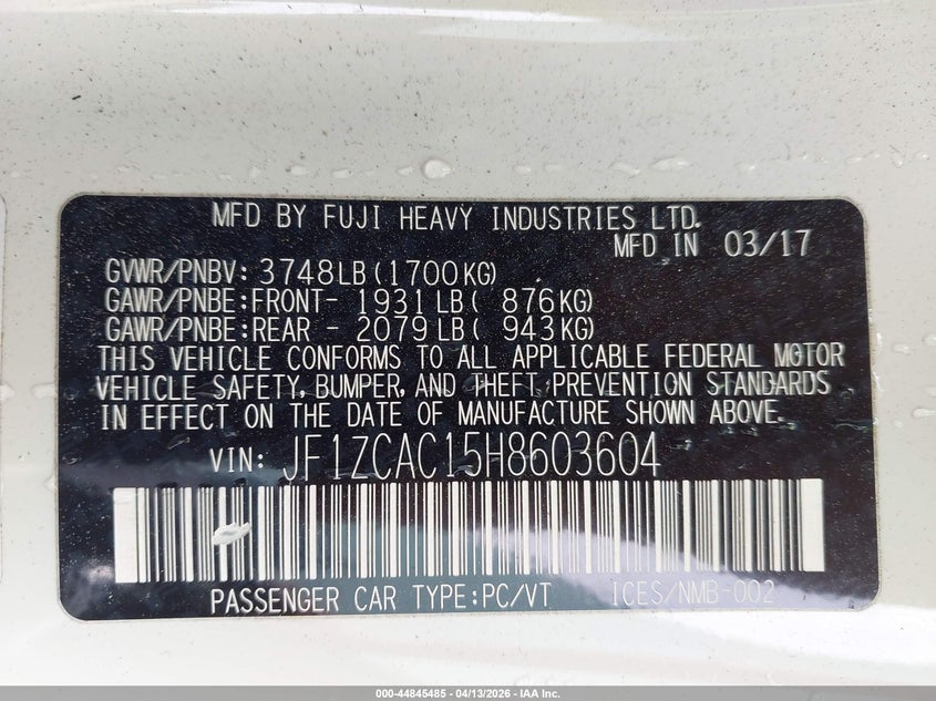 2017 Subaru Brz Limited VIN: JF1ZCAC15H8603604 Lot: 44845485