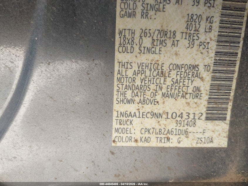 2022 Nissan Titan Sv 4X4 VIN: 1N6AA1EC9NN104312 Lot: 44845486