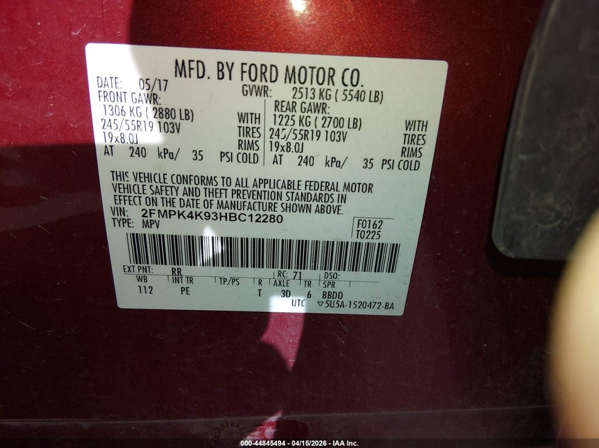 2017 Ford Edge Titanium VIN: 2FMPK4K93HBC12280 Lot: 44845494