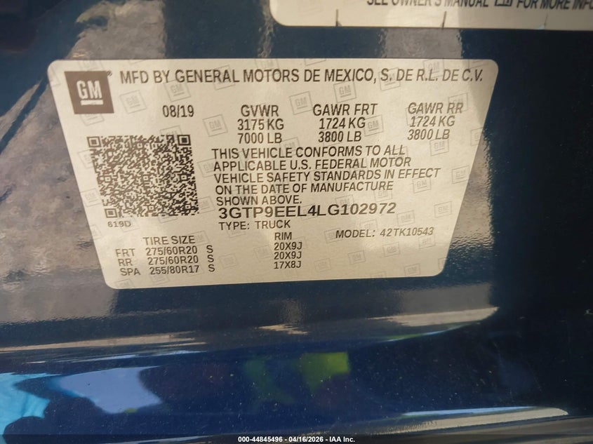 2020 Gmc SIERRA 6.2 1500 4Wd Short Box At4 blue Lot 111044845496 Vin 3GTP9EEL4LG102972