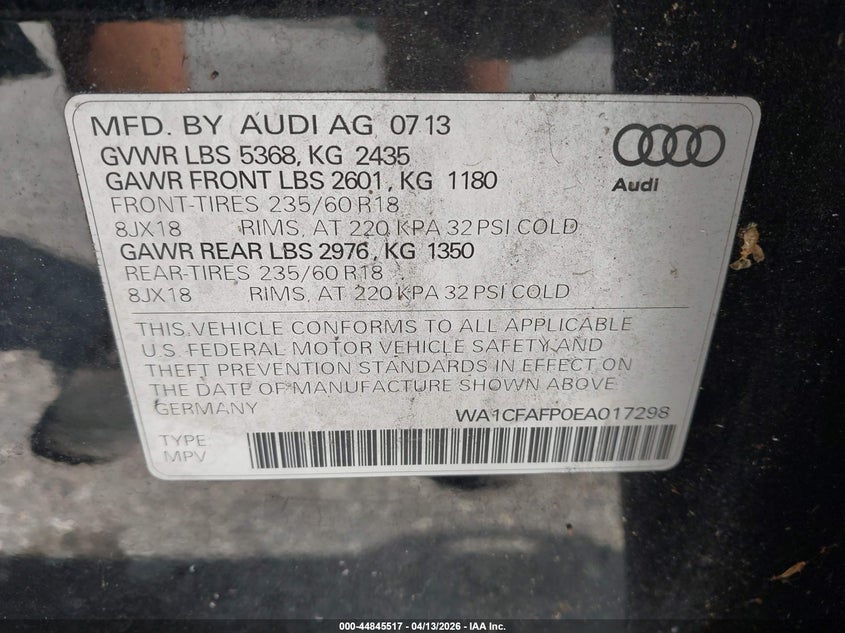 2014 Audi Q5 2.0T Premium VIN: WA1CFAFP0EA017298 Lot: 44845517