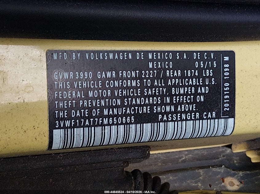 2015 Volkswagen Beetle 1.8T Fleet Edition VIN: 3VWF17AT7FM650665 Lot: 44845524