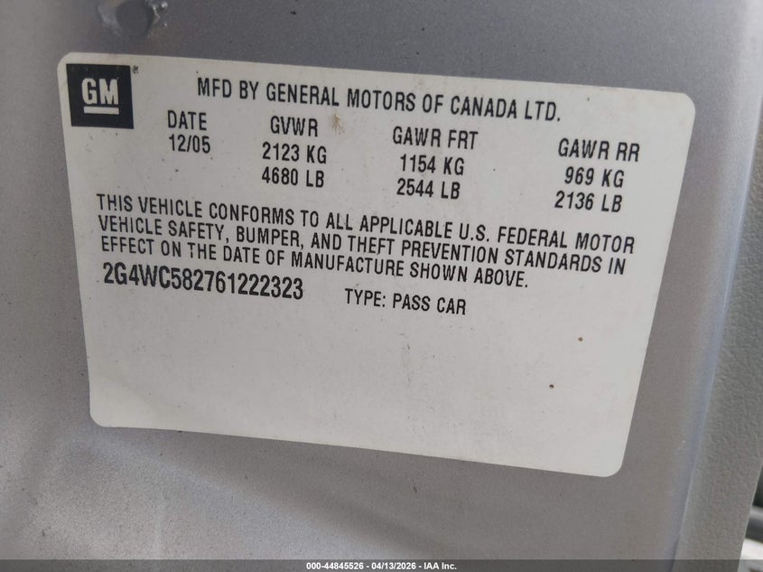 2006 Buick Lacrosse Cx VIN: 2G4WC582761222323 Lot: 44845526