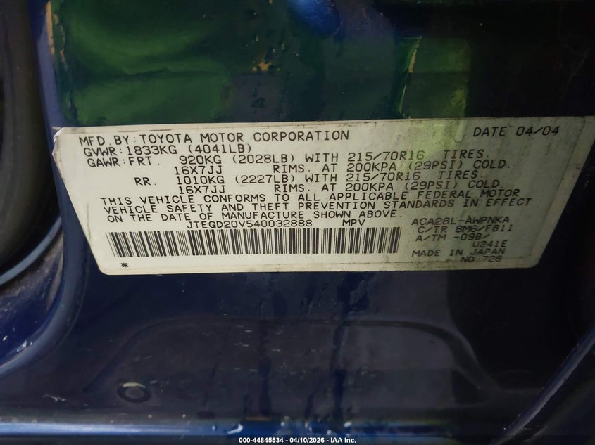 2004 Toyota Rav4 VIN: JTEGD20V540032888 Lot: 44845534