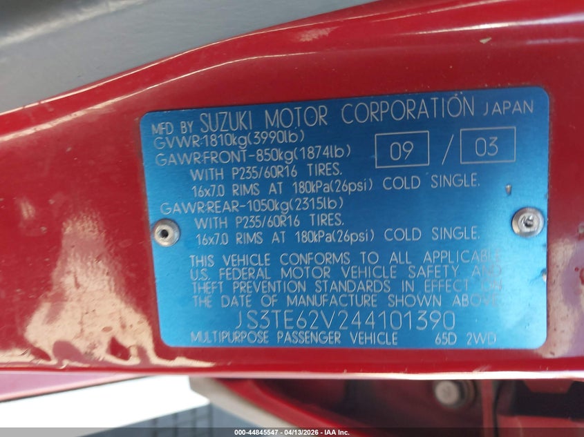 2004 Suzuki Grand Vitara Ex/Lx VIN: JS3TE62V244101390 Lot: 44845547