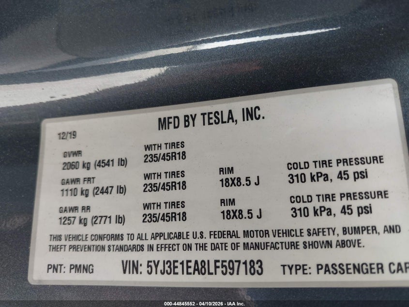 2020 Tesla Model 3 Standard Range Plus Rear-Wheel Drive/Standard Range Rear-Wheel Drive grey Lot 111044845552 Vin 5YJ3E1EA8LF597183