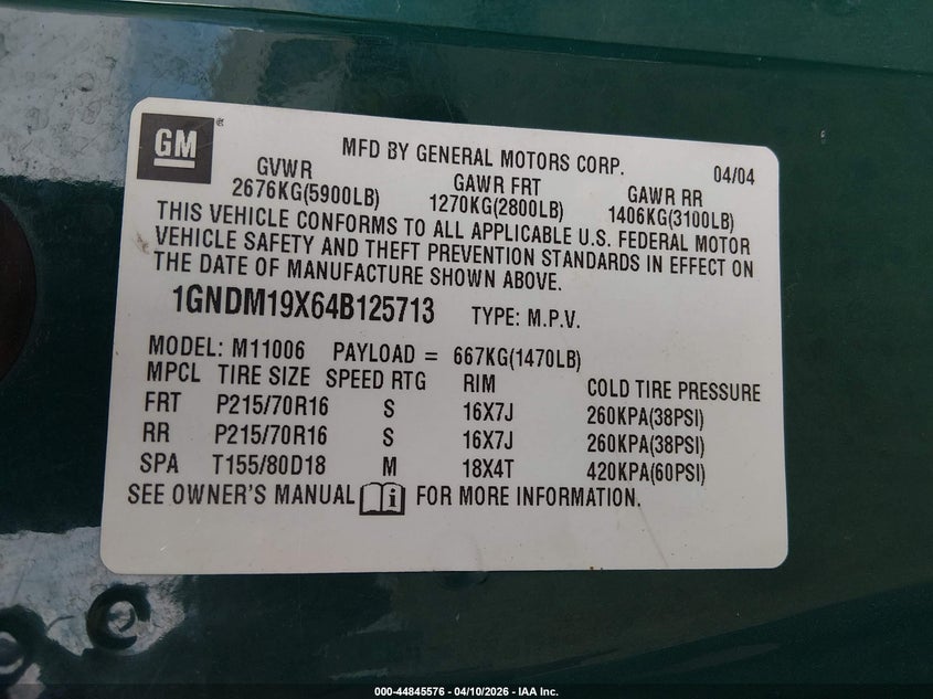 2004 Chevrolet Astro VIN: 1GNDM19X64B125713 Lot: 44845576