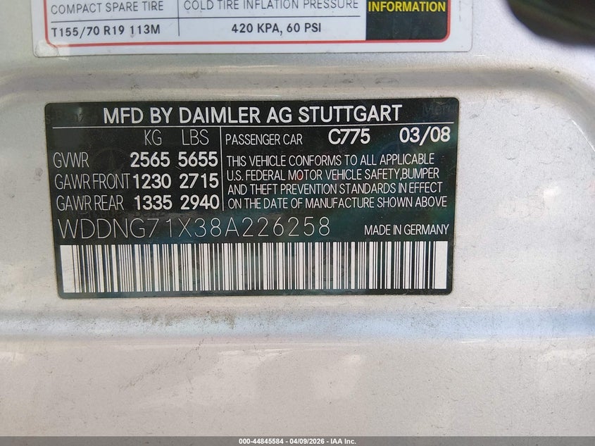 2008 Mercedes-Benz S 550 VIN: WDDNG71X38A226258 Lot: 44845584