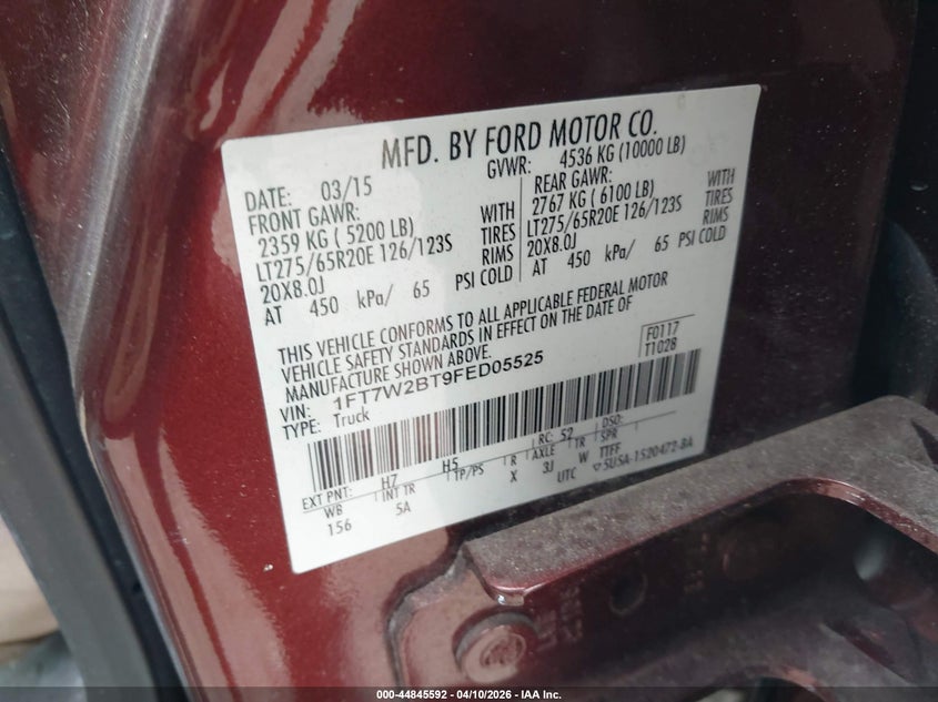 2015 Ford F250 6.7 F-250 Lariat red Lot 111044845592 Vin 1FT7W2BT9FED05525