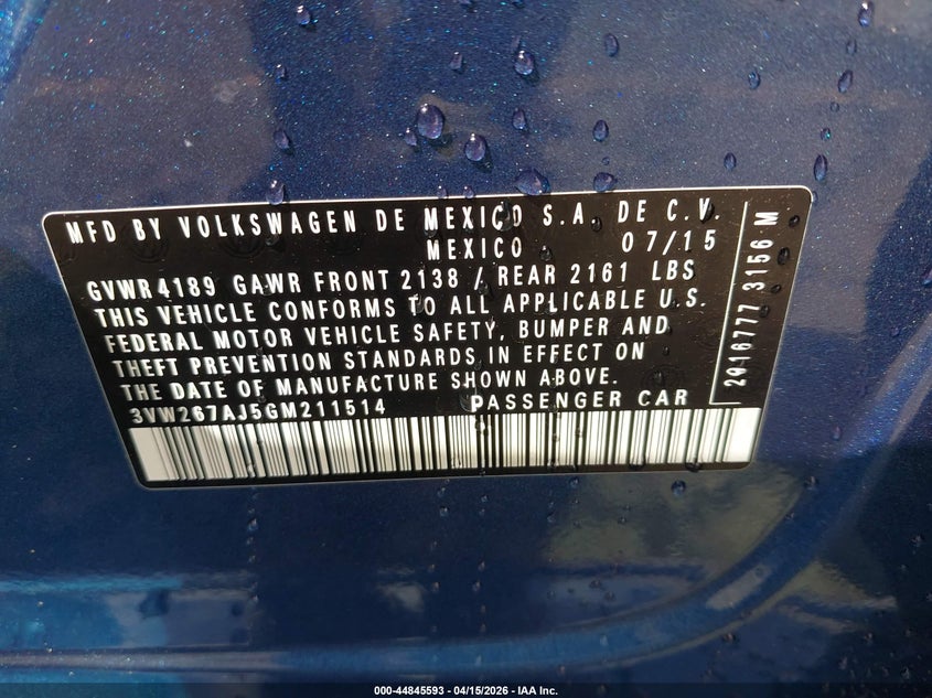 2016 Volkswagen Jetta 1.4T S VIN: 3VW267AJ5GM211514 Lot: 44845593