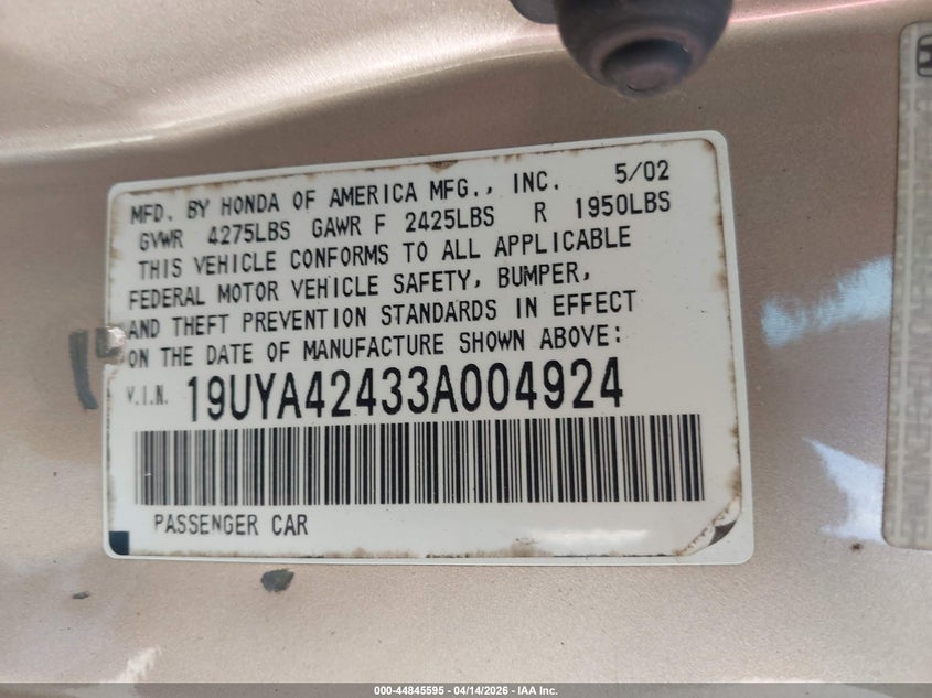 2003 Acura Cl 3.2 VIN: 19UYA42433A004924 Lot: 44845595