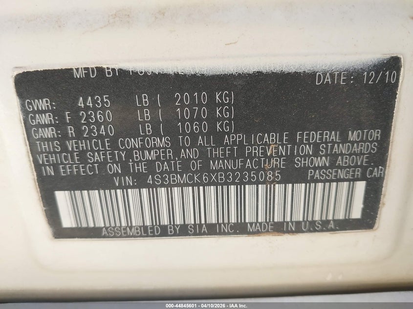 2011 Subaru Legacy 2.5I Limited VIN: 4S3BMCK6XB3235085 Lot: 44845601