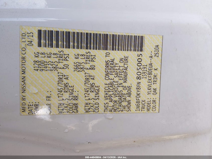 2015 Nissan Nv Cargo Nv2500 Hd Sv V6 VIN: 1N6BF0KY8FN805005 Lot: 44845604