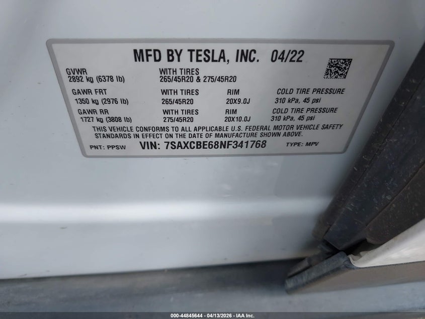 2022 Tesla Model X Plaid Tri Motor All-Wheel Drive VIN: 7SAXCBE68NF341768 Lot: 44845644