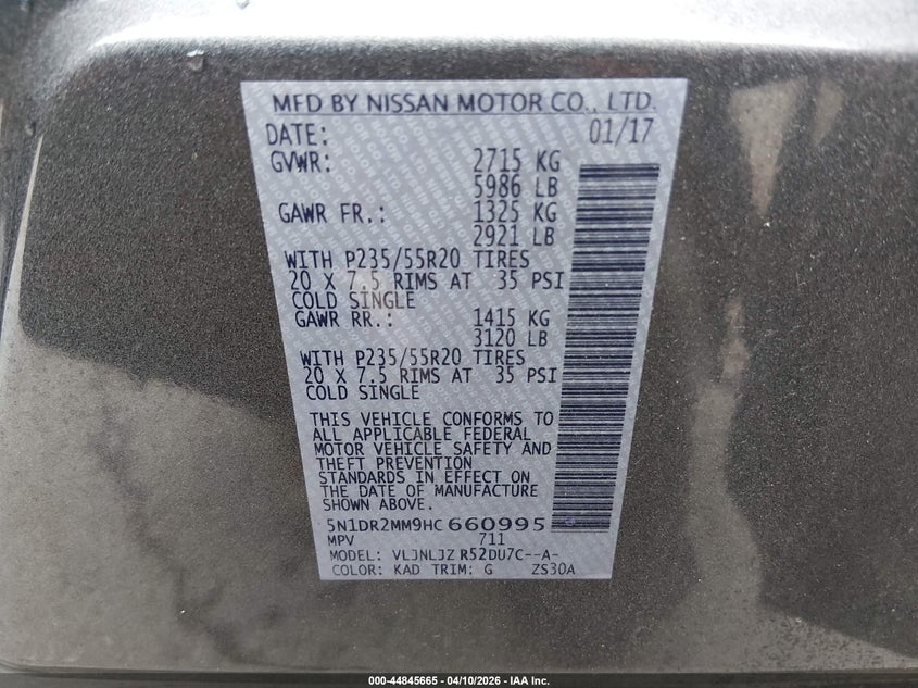 2017 Nissan Pathfinder 3.5 Platinum grey Lot 111044845665 Vin 5N1DR2MM9HC660995