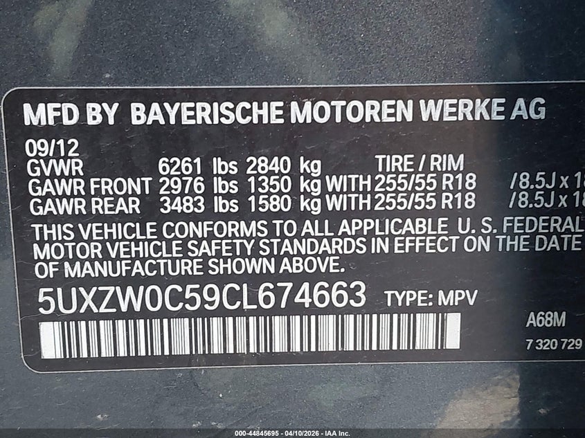 2012 BMW X5 xDrive35D VIN: 5UXZW0C59CL674663 Lot: 44845695