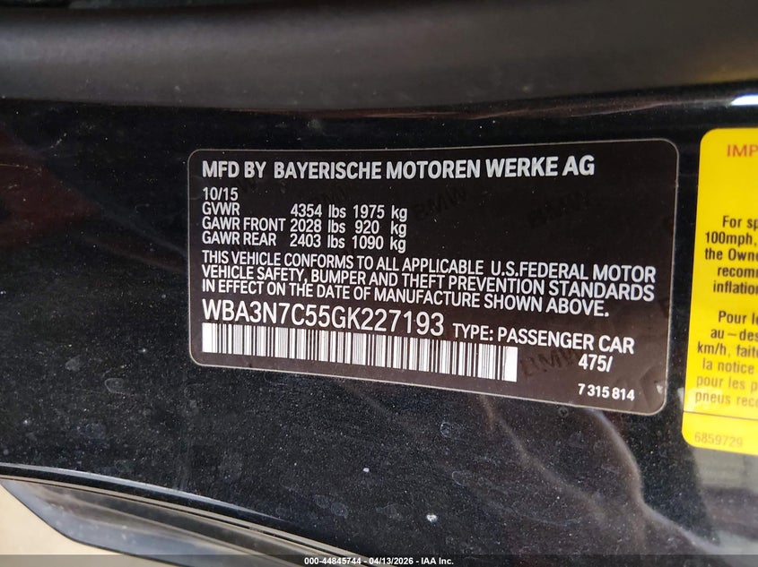 2016 BMW 428I VIN: WBA3N7C55GK227193 Lot: 44845744