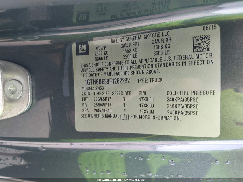 2015 GMC Canyon Sle VIN: 1GTH6BE39F1262232 Lot: 44845748