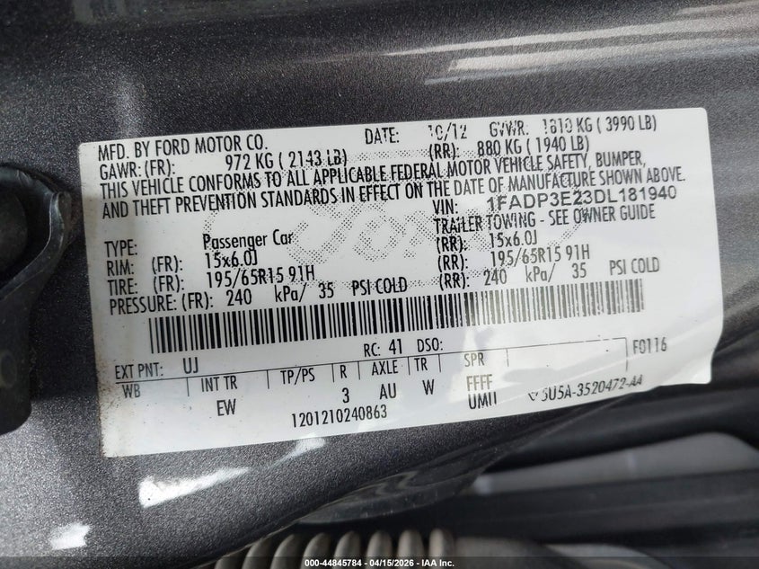 2013 Ford Focus S VIN: 1FADP3E23DL181940 Lot: 44845784