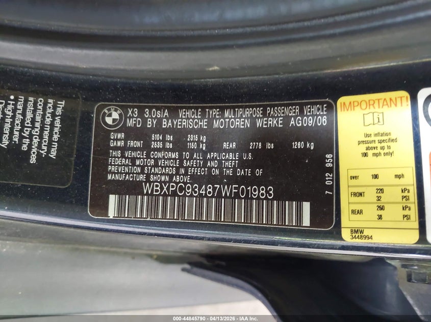 2007 BMW X3 3.0Si VIN: WBXPC93487WF01983 Lot: 44845790