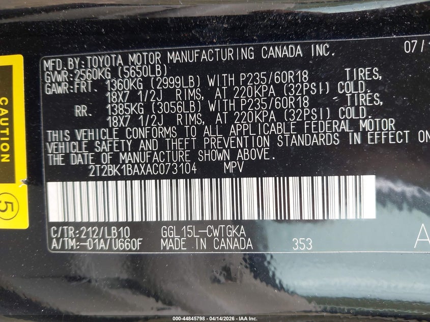 2010 Lexus Rx 350 VIN: 2T2BK1BAXAC073104 Lot: 44845798