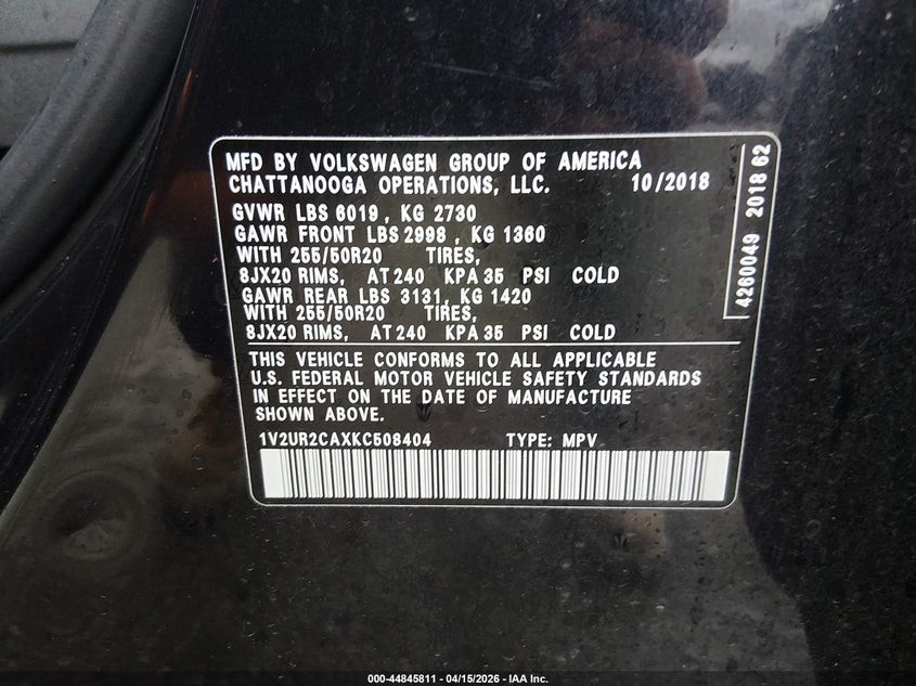 2019 Volkswagen Atlas 3.6L V6 Se W/Technology VIN: 1V2UR2CAXKC508404 Lot: 44845811