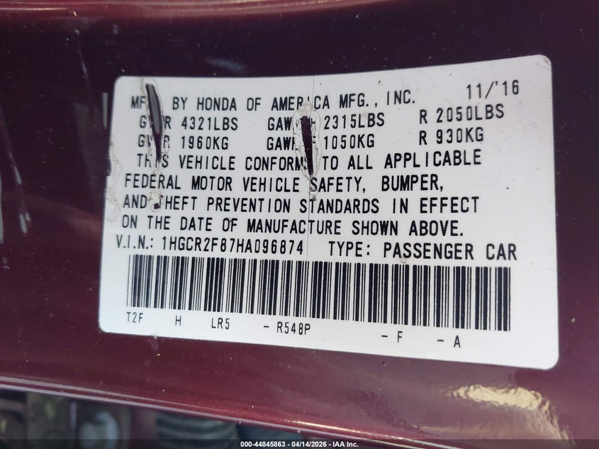 HONDA ACCORD 2017 VIN 1HGCR2F87HA096874