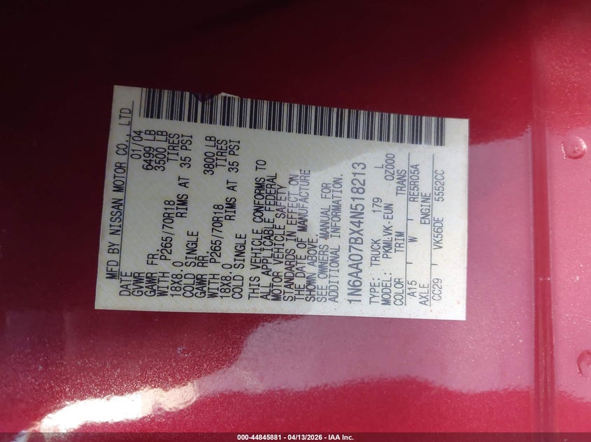 2004 Nissan Titan Le VIN: 1N6AA07BX4N518213 Lot: 44845881