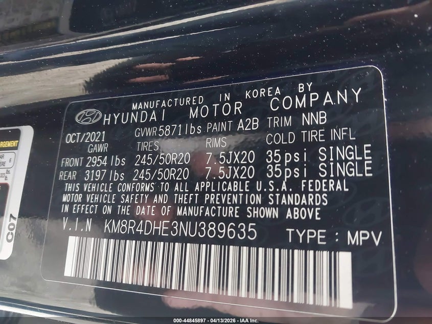 2022 Hyundai Palisade Sel VIN: KM8R4DHE3NU389635 Lot: 44845897