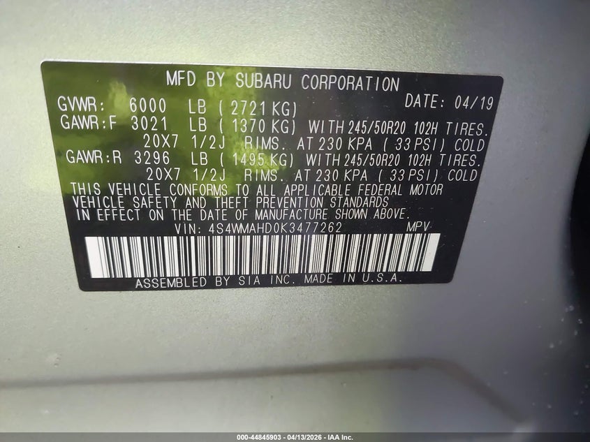 2019 Subaru Ascent Premium VIN: 4S4WMAHD0K3477262 Lot: 44845903