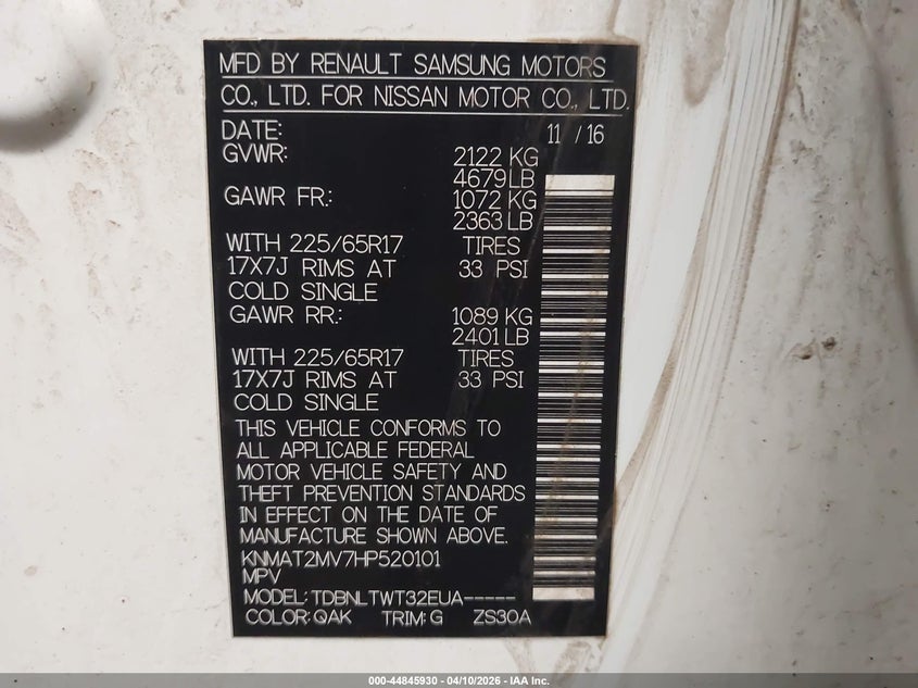 2017 Nissan Rogue Sv VIN: KNMAT2MV7HP520101 Lot: 44845930