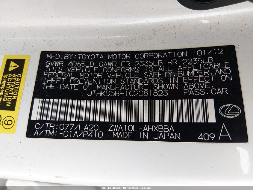 2012 Lexus Ct 200H Premium VIN: JTHKD5BH1C2081823 Lot: 44845954