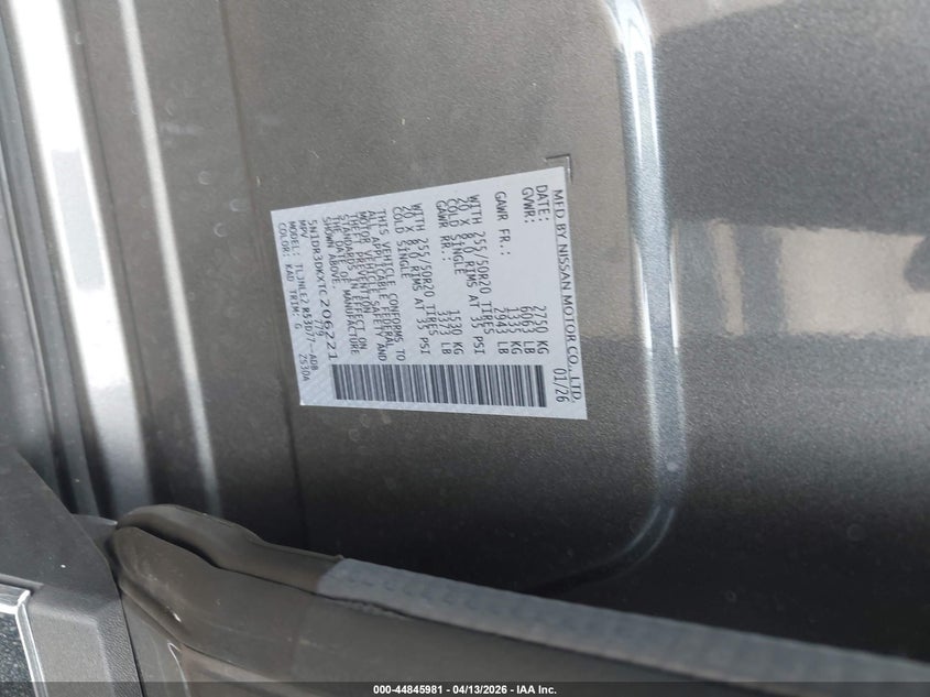 2026 Nissan Pathfinder 3.5 Platinum grey Lot 111044845981 Vin 5N1DR3DKXTC206221