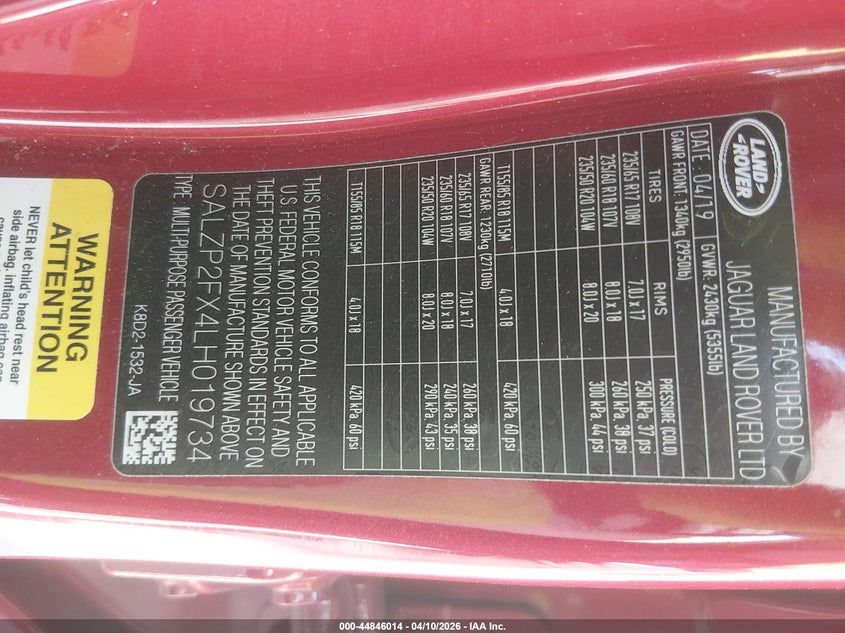 2020 Land Rover Range Rover Evoque Se VIN: SALZP2FX4LH019734 Lot: 44846014