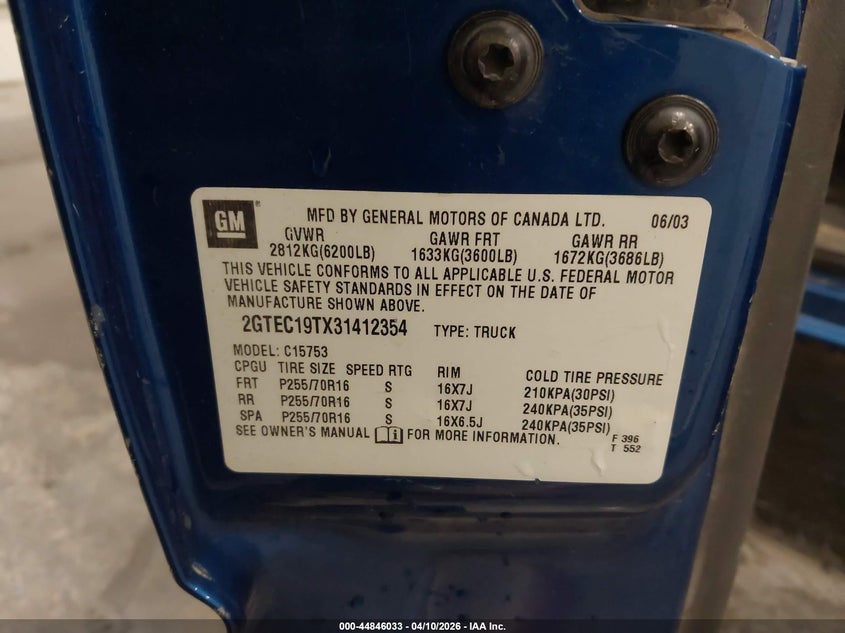 2003 GMC Sierra 1500 Sle VIN: 2GTEC19TX31412354 Lot: 44846033