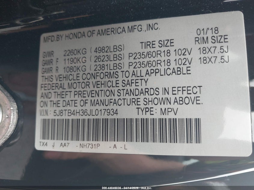 2018 Acura Rdx Acurawatch Plus Package VIN: 5J8TB4H36JL017934 Lot: 44846036