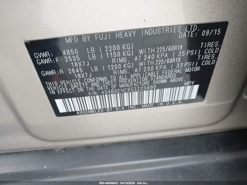 2016 Subaru Outback 3.6R Limited VIN: 4S4BSENC6G3223490 Lot: 44846043