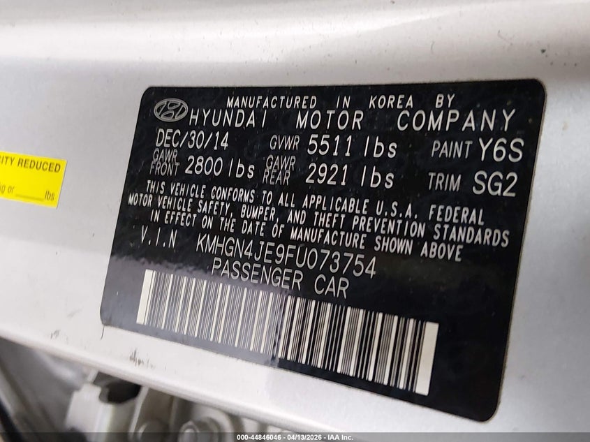 2015 Hyundai Genesis 3.8 VIN: KMHGN4JE9FU073754 Lot: 44846046