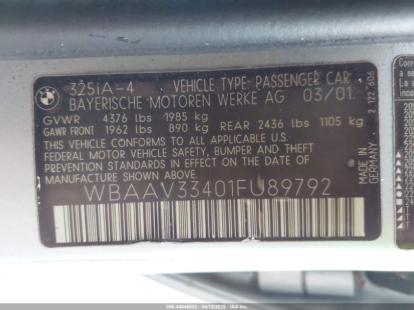 2001 BMW 325I VIN: WBAAV33401FU89792 Lot: 44846052