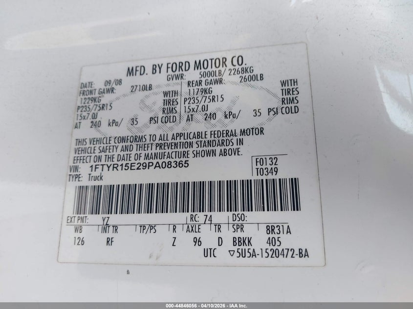 2009 Ford Ranger Fx4 Off-Road/Sport/Xl/Xlt VIN: 1FTYR15E29PA08365 Lot: 44846056