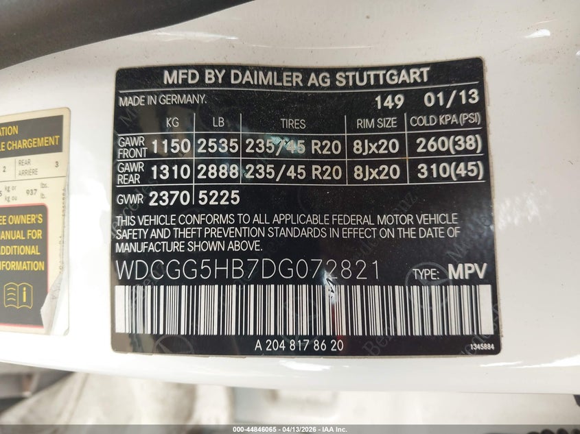 2013 Mercedes-Benz Glk 350 VIN: WDCGG5HB7DG072821 Lot: 44846065