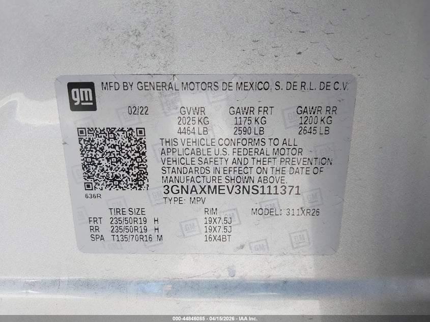 2022 Chevrolet Equinox Fwd Rs VIN: 3GNAXMEV3NS111371 Lot: 44846085