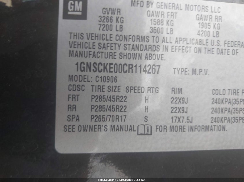 2012 Chevrolet Suburban 1500 Ltz VIN: 1GNSCKE00CR114267 Lot: 44846113