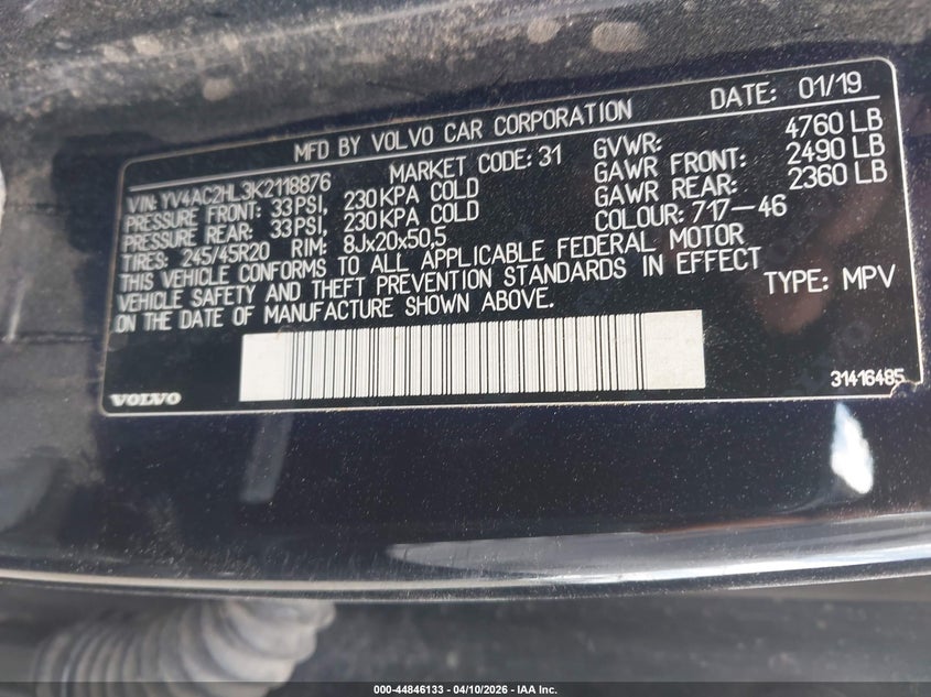 2019 Volvo Xc40 T4 Inscription VIN: YV4AC2HL3K2118876 Lot: 44846133