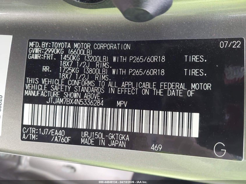 2022 Lexus Gx 460 Premium VIN: JTJAM7BX4N5336284 Lot: 44846134