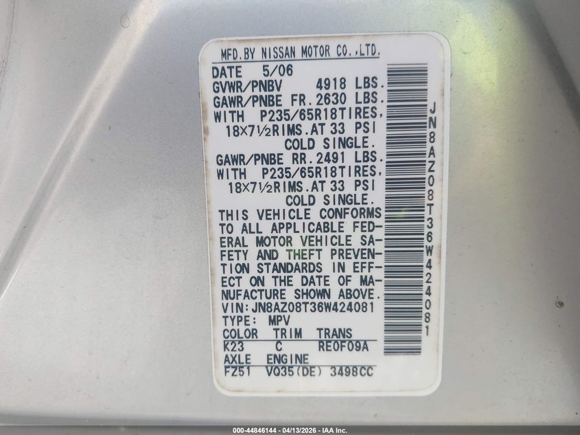 2006 Nissan Murano Sl VIN: JN8AZ08T36W424081 Lot: 44846144